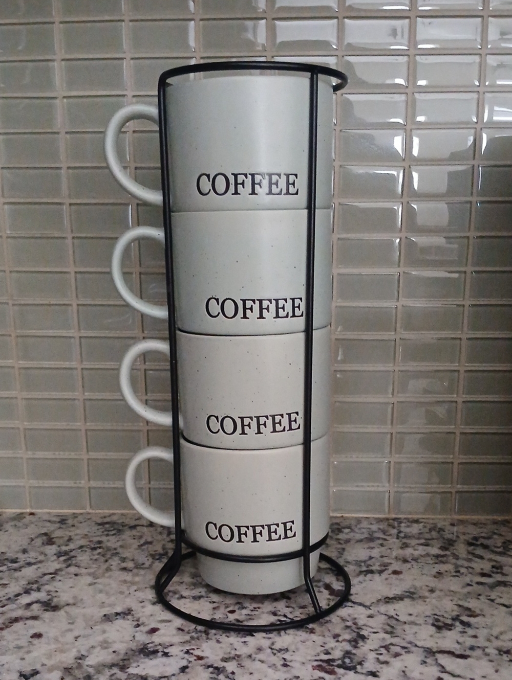 Stackable White Coffee Mug Set with Black Rack